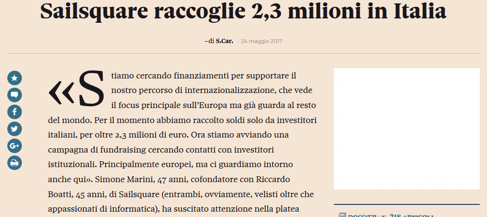 Sailsquare raccoglie 2,3 milioni in Italia (Il Sole 24 Ore)