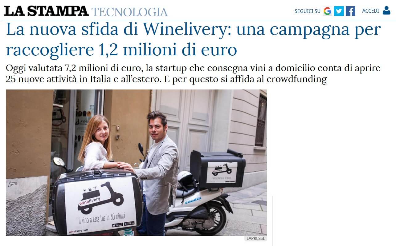 La nuova sfida di Winelivery: una campagna per raccogliere 1,2 milioni di euro (La Stampa)