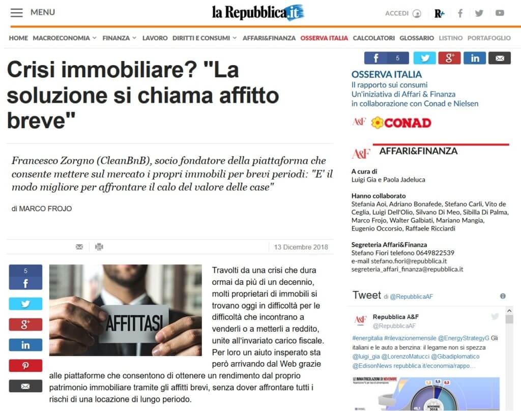 Crisi immobiliare? "La soluzione si chiama affitto breve" (La Repubblica)