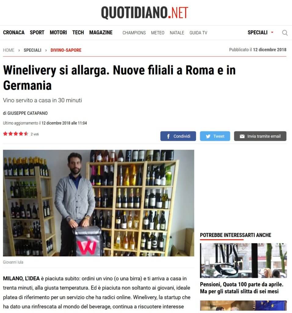 Winelivery si allarga. Nuove filiali a Roma e in Germania (Quotidiano.net)