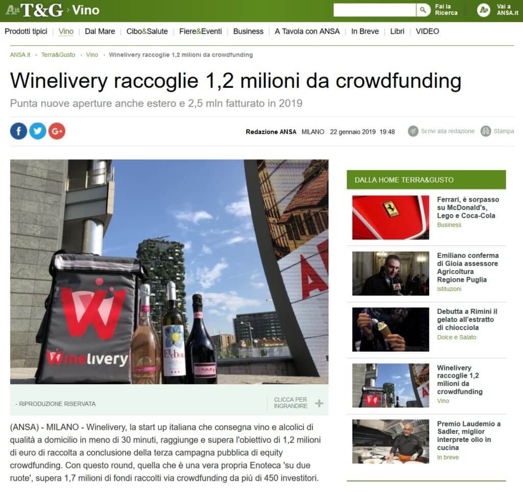 Winelivery raccoglie 1,2 milioni da crowdfunding (ANSA)
