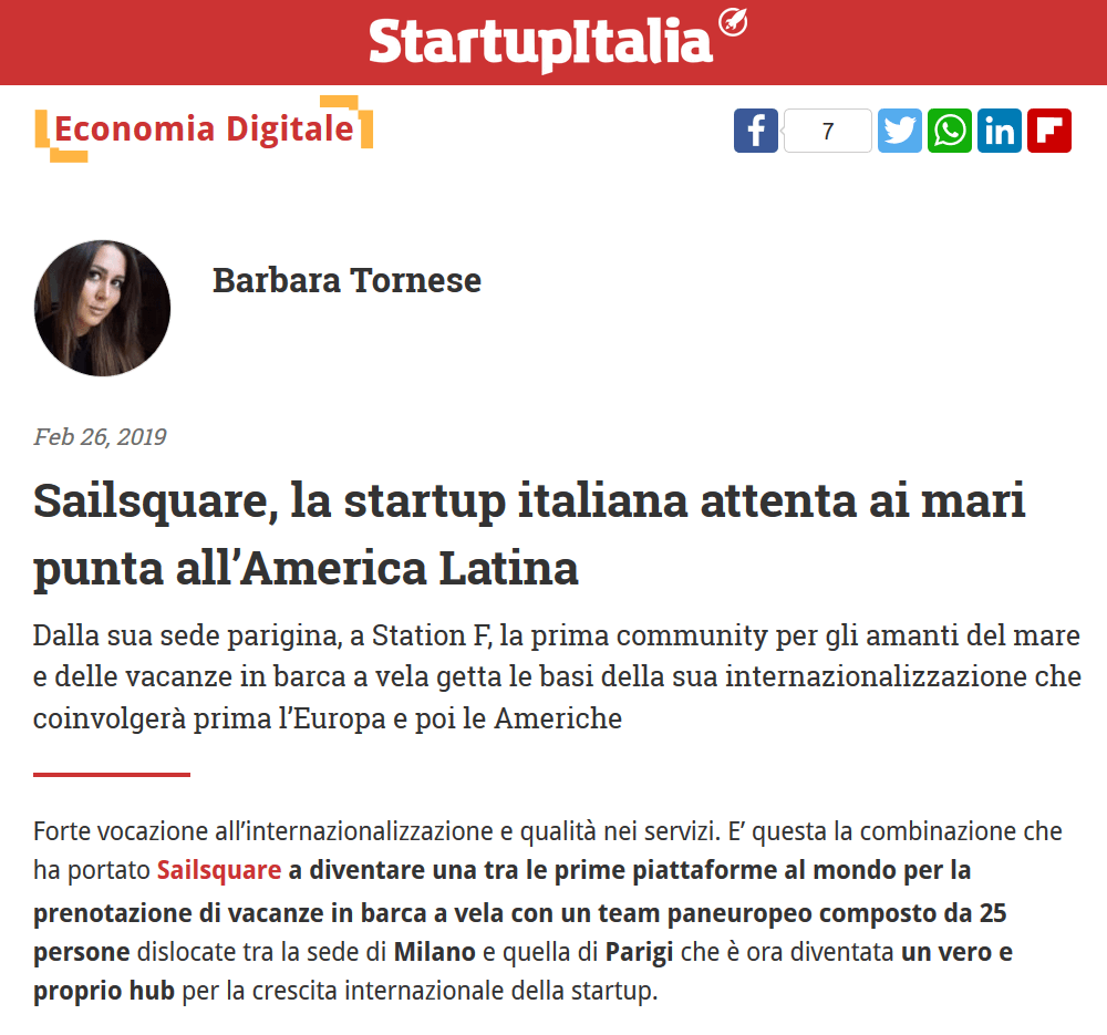 Sailsquare, la startup italiana attenta ai mari punta all'America Latina (StartupItalia!)