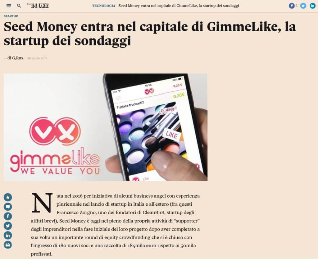 Seed Money entra nel capitale di GimmeLike, la startup dei sondaggi (Il Sole 24 Ore)