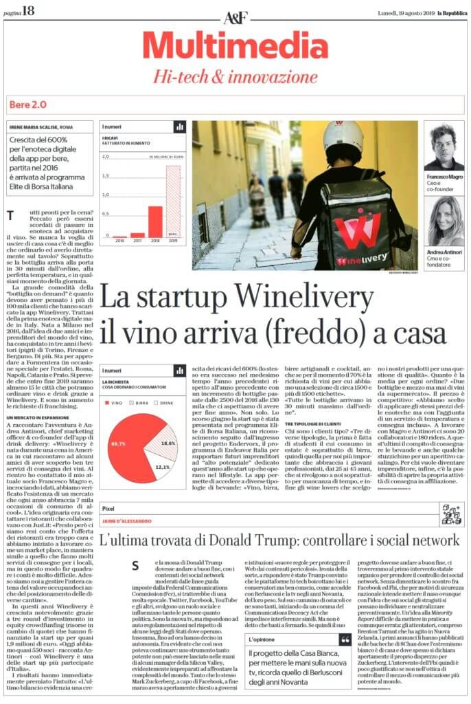 La startup Winelivery il vino arriva (freddo) a casa (La Repubblica)