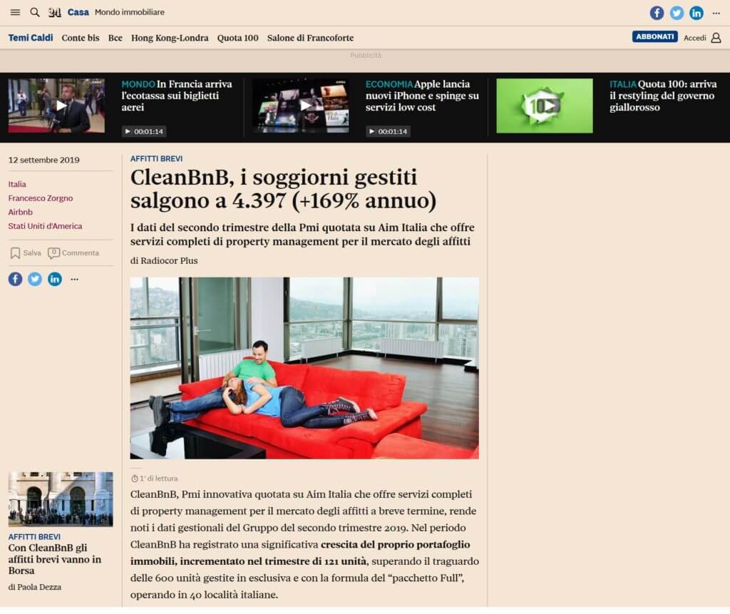 CleanBnB, i soggiorni gestiti salgono a 4.397 (+169% annuo) - (Il Sole 24 Ore)