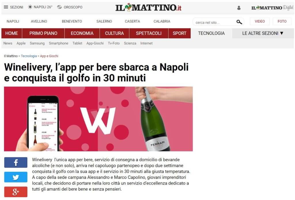 Winelivery, l'app per bere sbarca a Napoli e conquista il golfo in 30 minuti (Il Mattino)