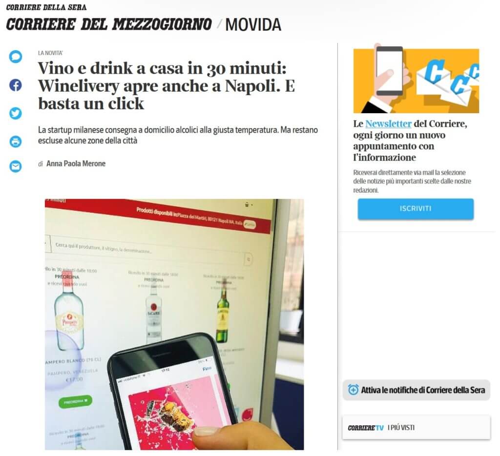 Vino e drink a casa in 30 minuti: Winelivery apre anche a Napoli. E basta un click (Corriere del Mezzogiorno)