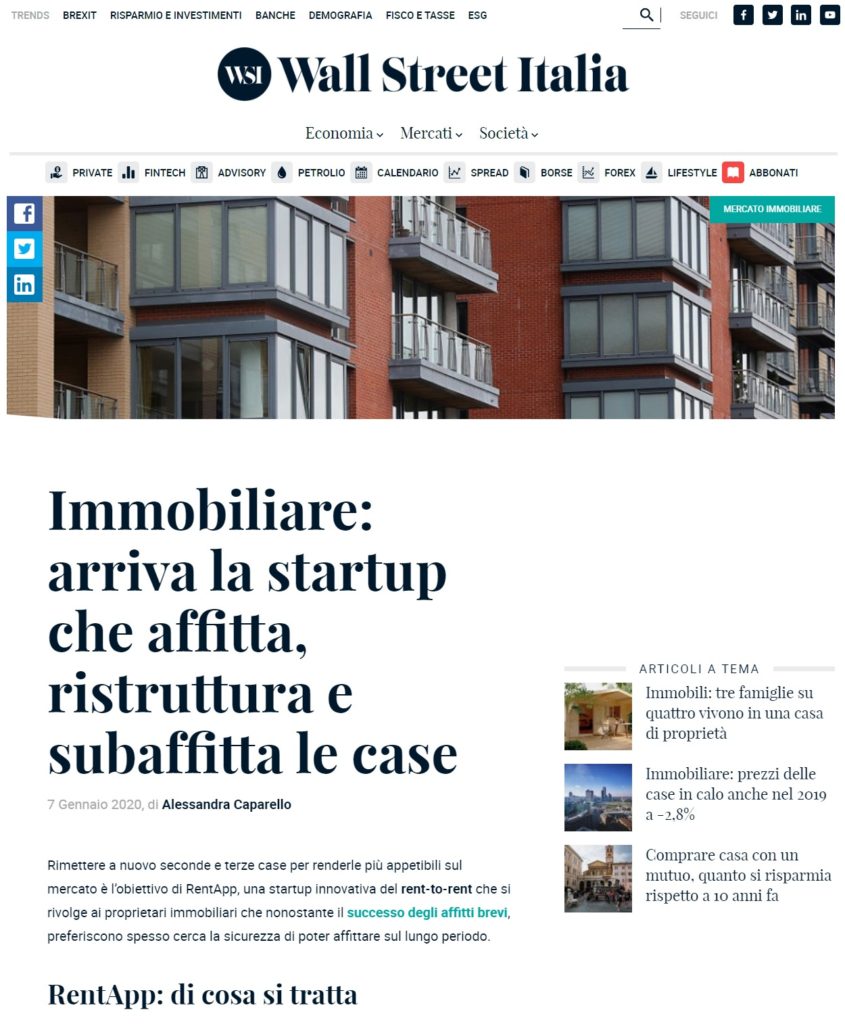 Immobiliare: arriva la startup che affitta, ristruttura e subaffitta le case (Wall Street Italia)