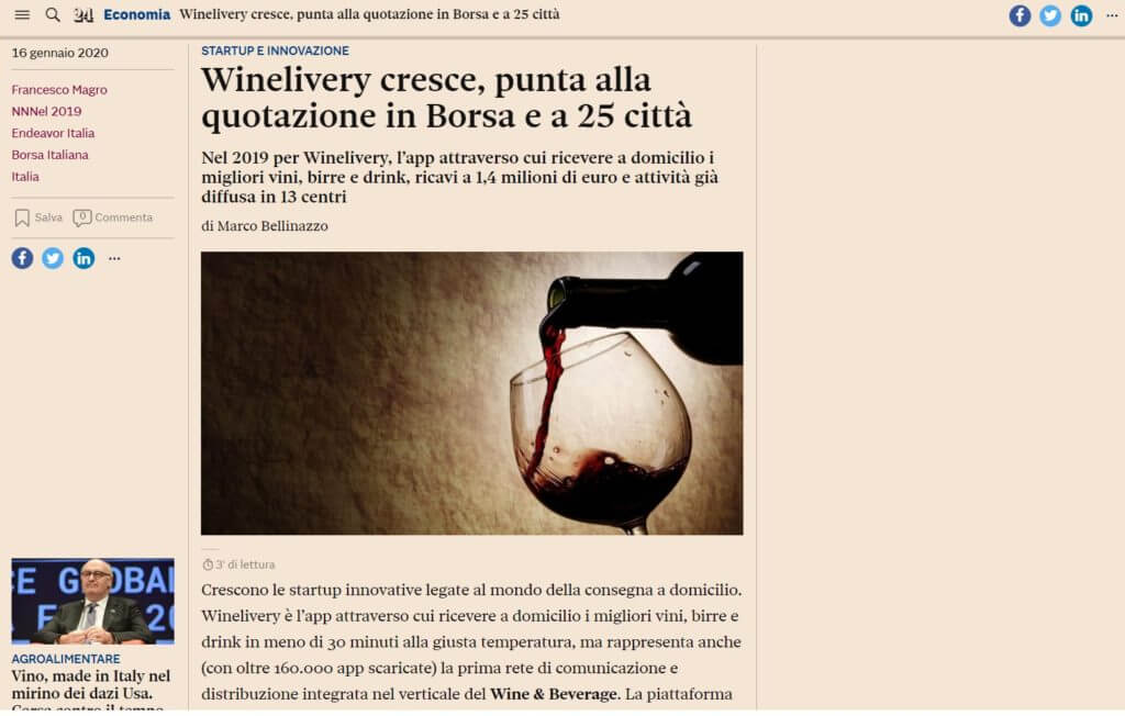 Winelivery cresce, punta alla quotazione in Borsa e a 25 città (Il Sole 24 Ore)