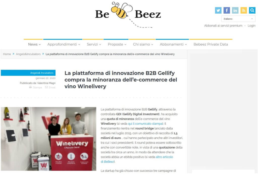 La piattaforma di innovazione B2B Gellify compra la minoranza dell'e-commerce del vino Winelivery (BeBeez)