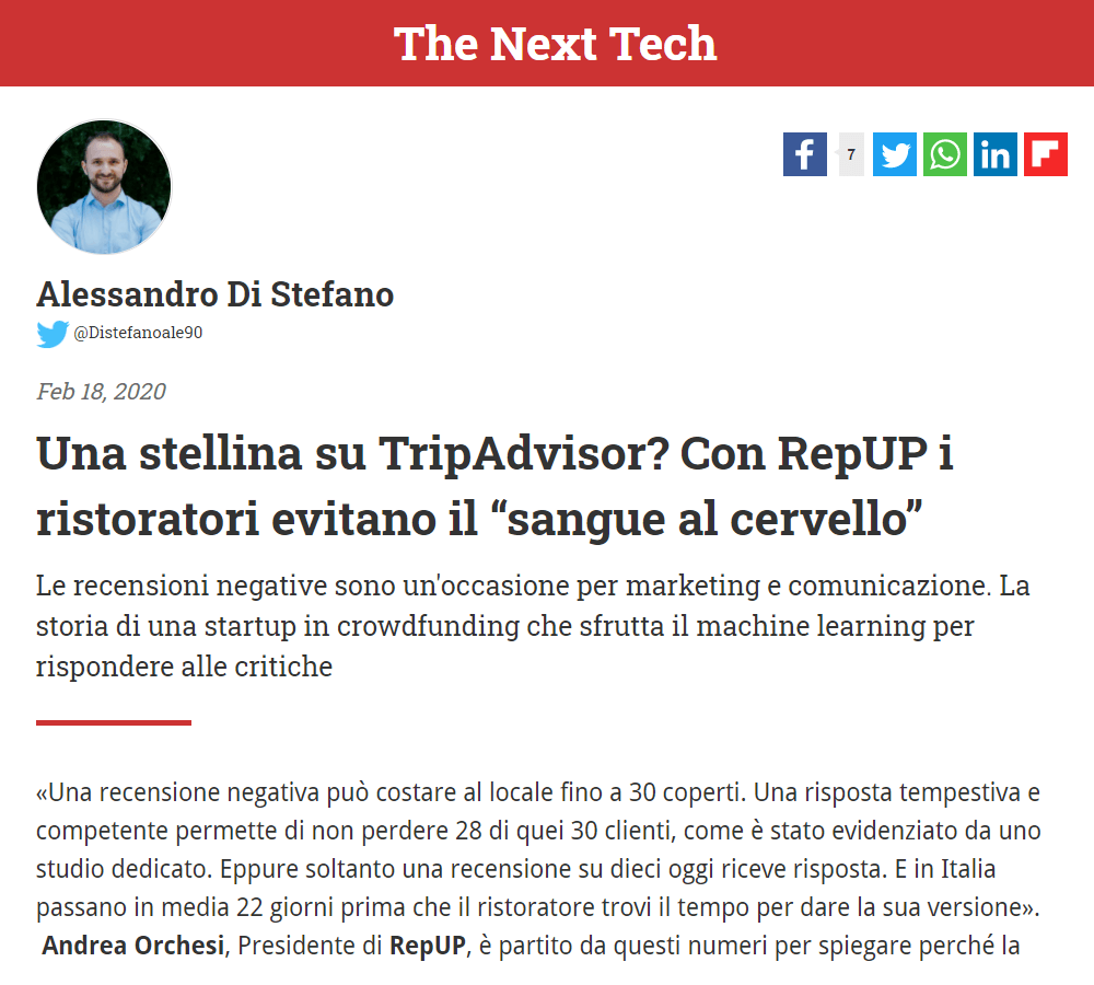 Una stellina su TripAdvisor? Con RepUP i ristoratori evitano il "sangue al cervello" (StartupItalia!)