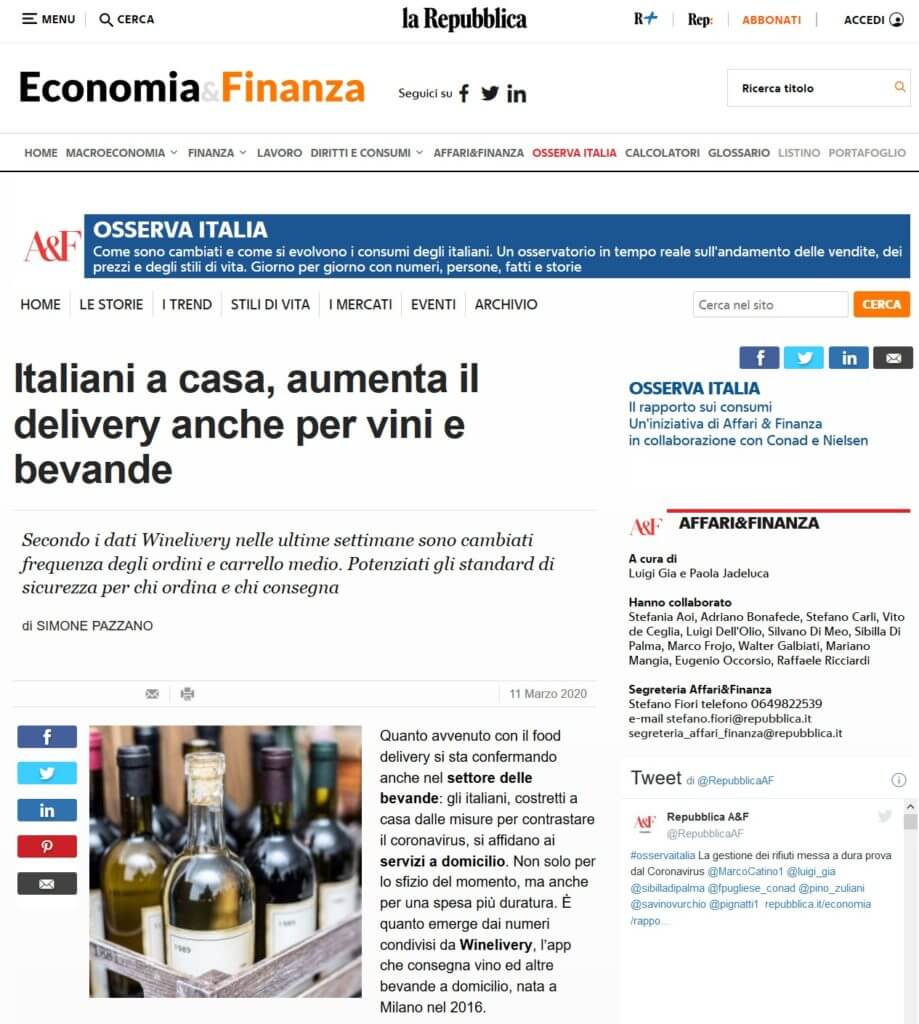 Italiani a casa, aumenta il delivery anche per vini e bevande (La Repubblica)