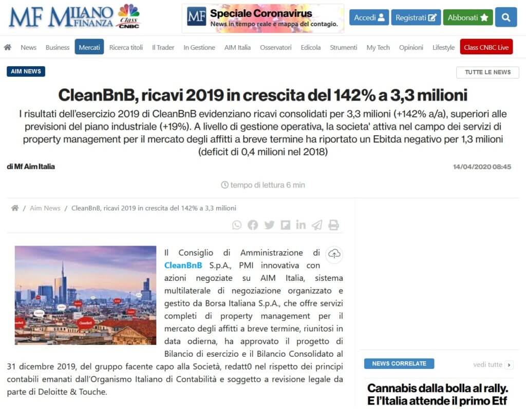 CleanBnB, ricavi 2019 in crescita del 142% a 3,3 milioni (Milano Finanza)