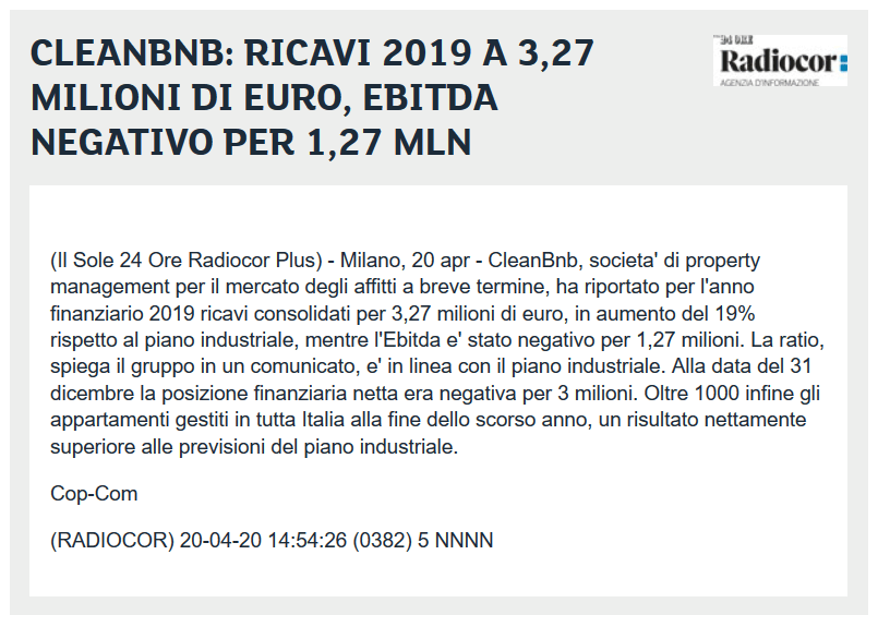 CleanBnb: ricavi 2019 a 3,27 milioni di euro, ebitda negativo per 1,27 mln (Il Sole 24 ORE Radiocor)