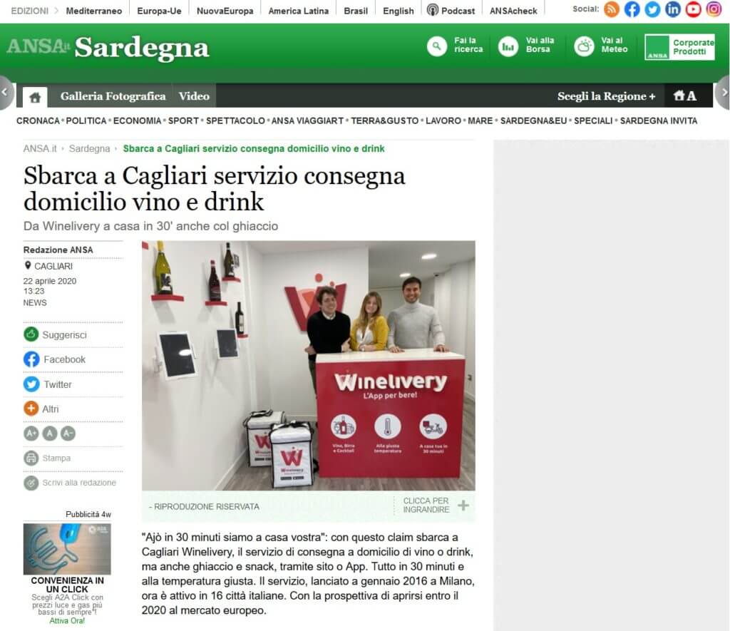Sbarca a Cagliari servizio consegna domicilio vino e drink (ANSA)