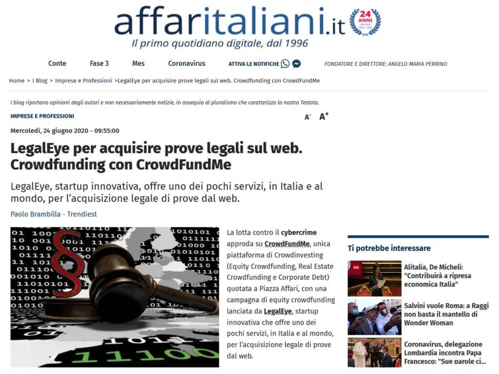 LegalEye per acquisire prove legali sul web. Crowdfunding con CrowdFundMe (Affaritaliani)
