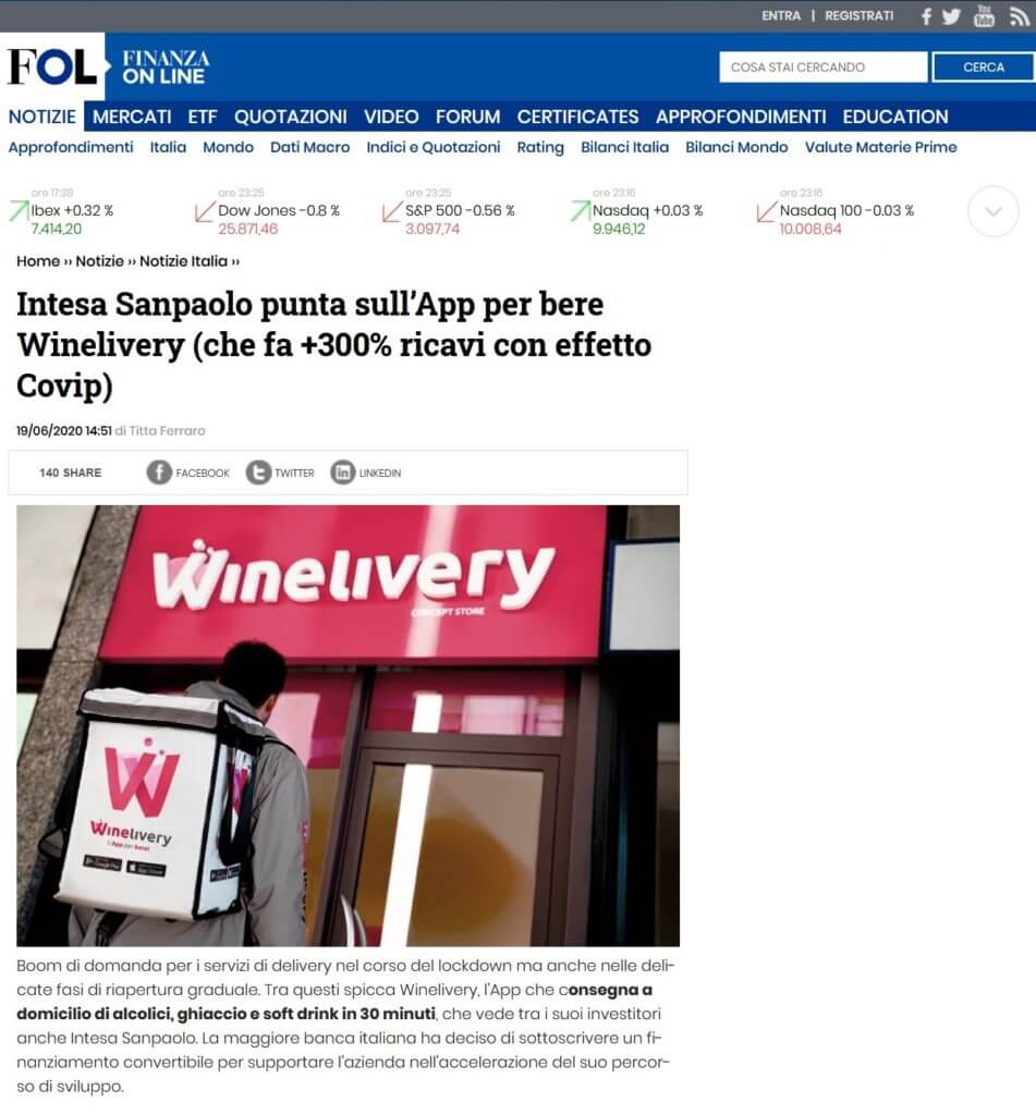 Intesa Sanpaolo punta sull'App per bere Winelivery (che fa +300% ricavi con effetto Covid)