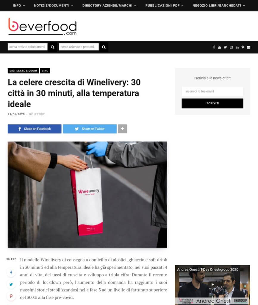 La celere crescita di Winelivery: 30 città in 30 minuti, alla temperatura ideale (Beverfood.com)