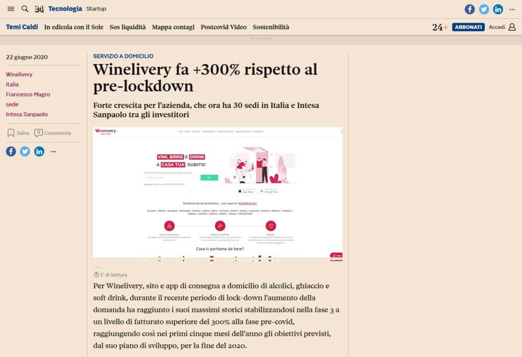 Winelivery fa +300% rispetto al pre-lockdown (Il Sole 24 Ore)