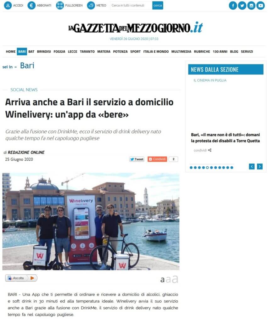 Arriva anche a Bari il servizio a domicilio Winelivery: un'app da «bere» (La Gazzetta del Mezzogiorno)