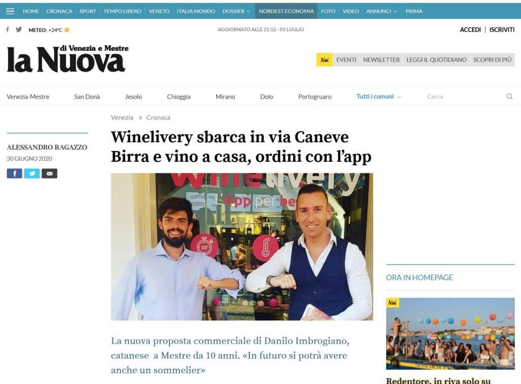 Winelivery sbarca in via Caneve. Birra e vino a casa, ordini con l'app (La Nuova di Venezia e Mestre)