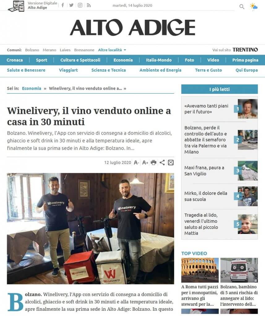 Winelivery, il vino venduto online a casa in 30 minuti (Alto Adige)