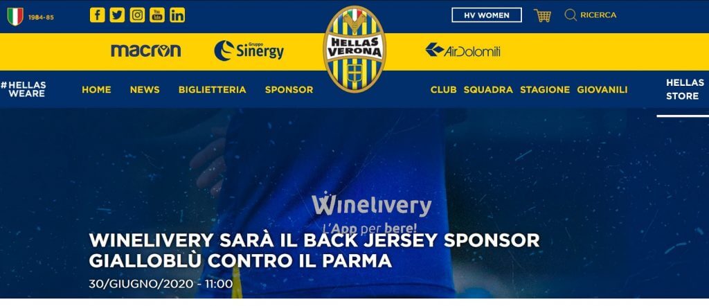 Winelivery sarà il Back Jersey Sponsor gialloblù contro il Parma (HellasVerona.it)