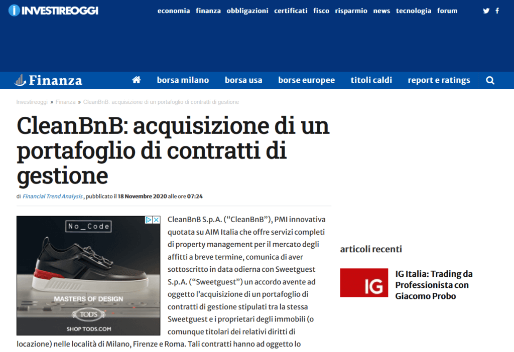 CleanBnB: acquisizione di un portafoglio di contratti di gestione (Investireoggi.it)