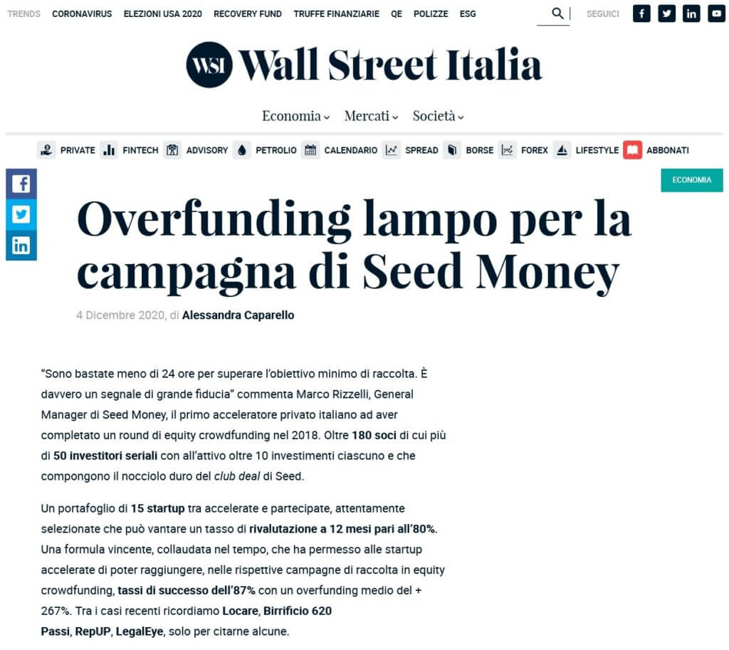 Overfunding lampo per la campagna di Seed Money (Wall Street Italia)
