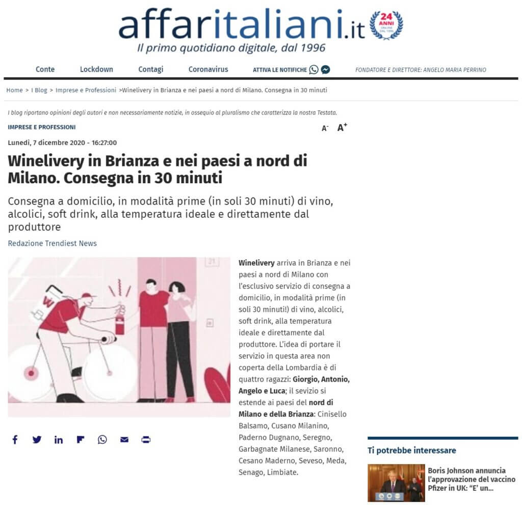 Winelivery in Brianza e nei paesi a nord di Milano. Consegna in 30 minuti (Affaritaliani)