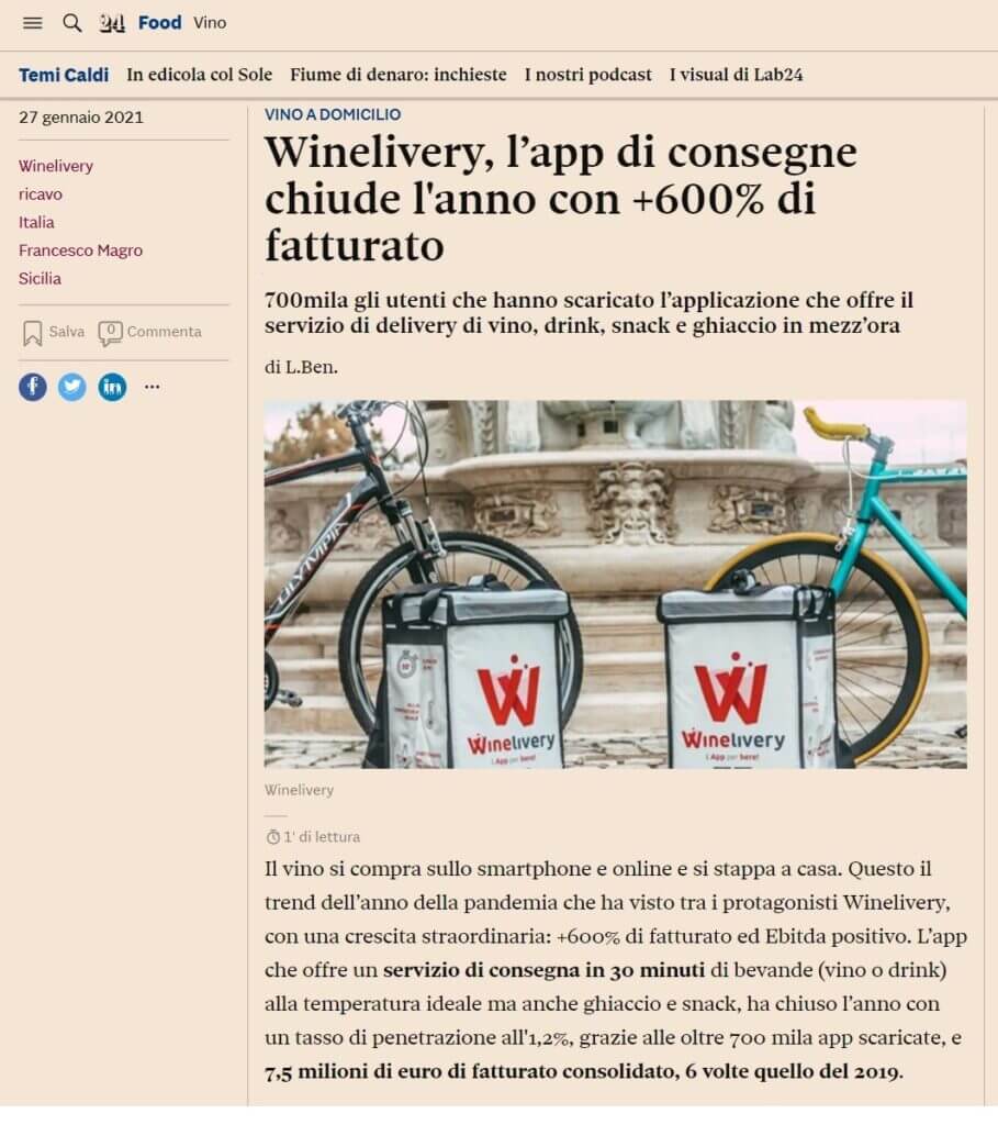 Winelivery, l'app di consegne chiude l'anno con +600% di fatturato (Il Sole 24 Ore)