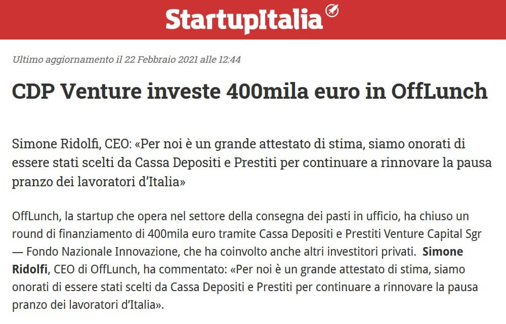 CDP Venture investe 400mila euro in OffLunch (StartupItalia)