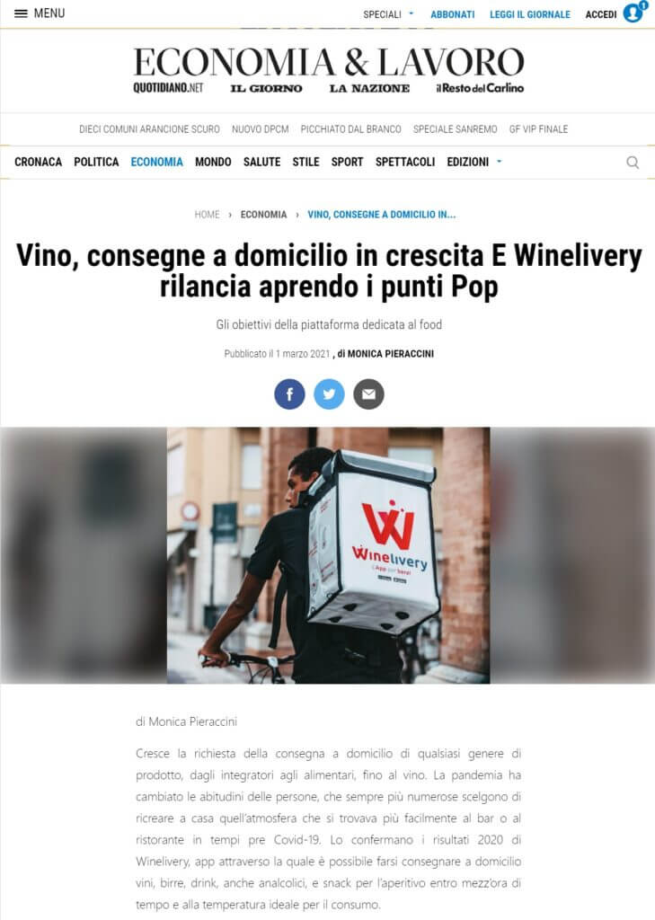 Vino, consegne a domicilio in crescita E Winelivery rilancia aprendo i punti Pop (Il Giorno)