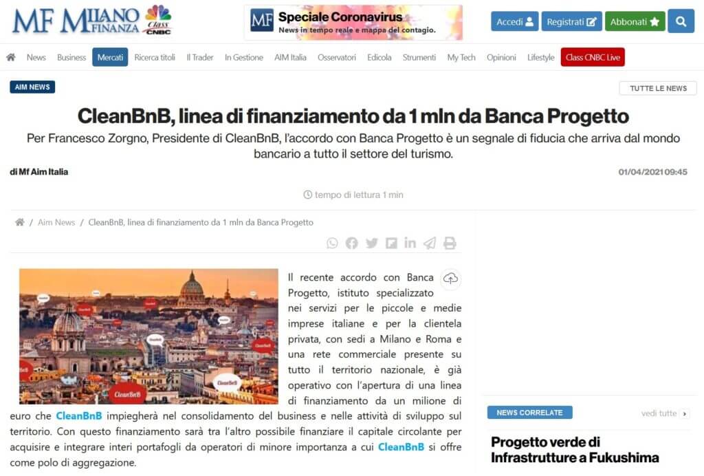 CleanBnB, linea di finanziamento da 1 mln da Banca Progetto (Milano Finanza)