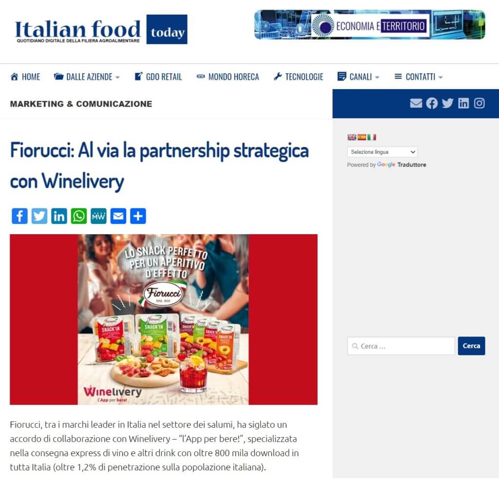 Fiorucci: Al via la partnership strategica con Winelivery (Italian Food Today)