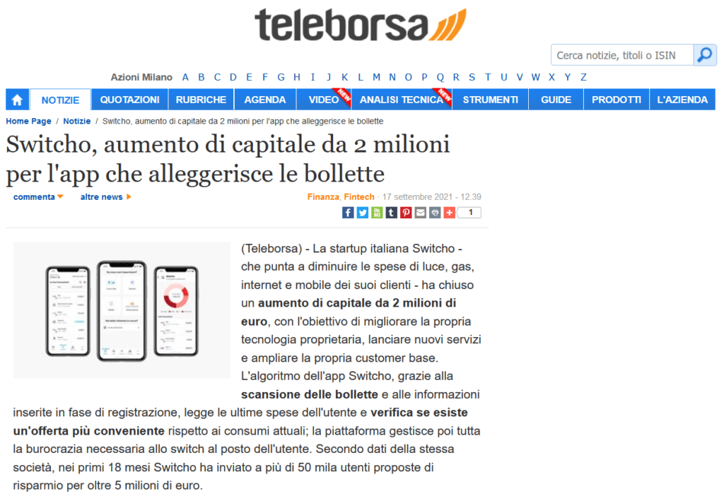 Switcho, aumento di capitale da 2 milioni per l'app che alleggerisce le bollette (Teleborsa)