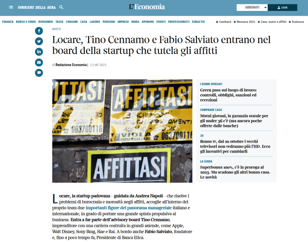 Locare, Tino Cennamo e Fabio Salviato entrano nel board della startup che tutela gli affitti (Corriere della Sera)