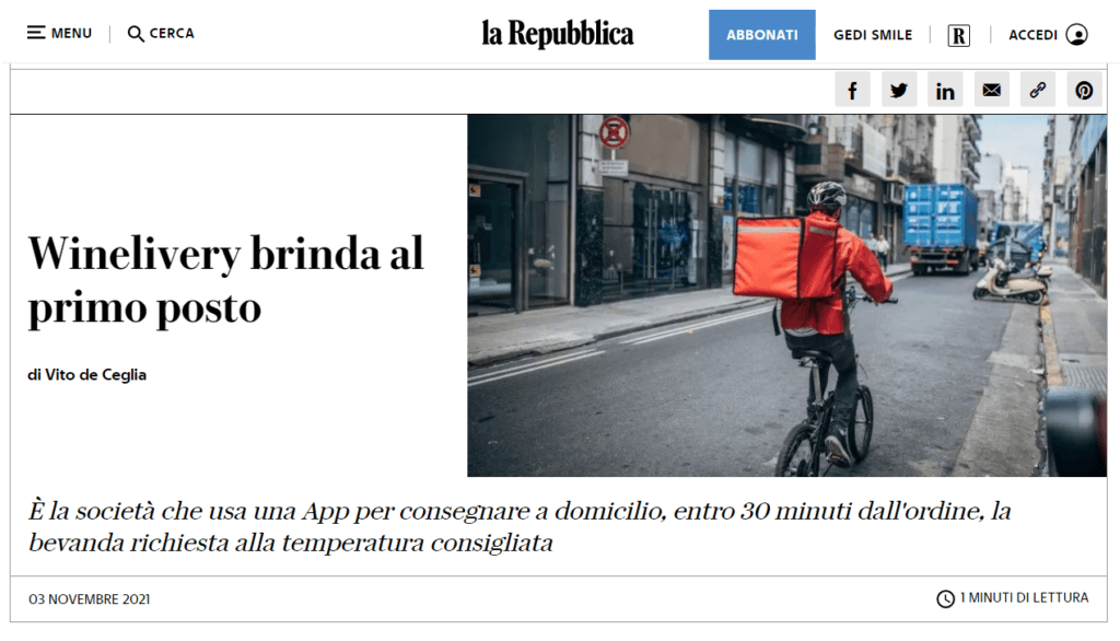 Winelivery brinda al primo posto (La Repubblica)