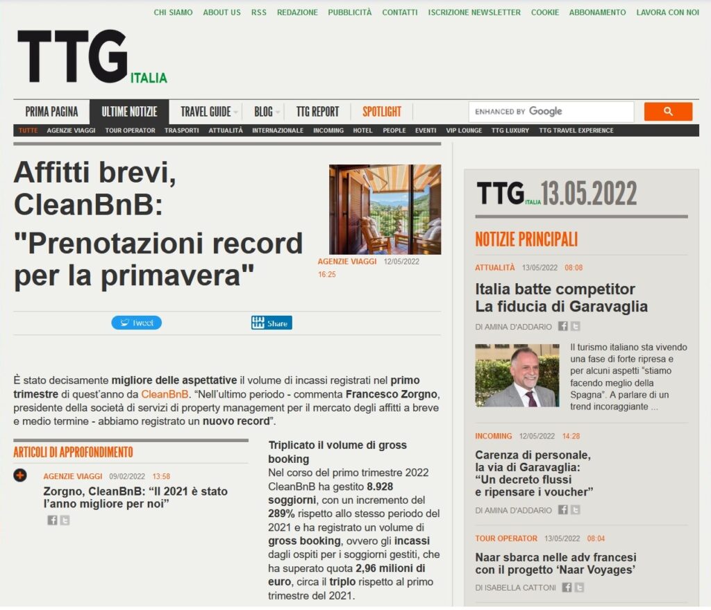 Affitti brevi, CleanBnB: "Prenotazioni record per la primavera" (TTG Italia)