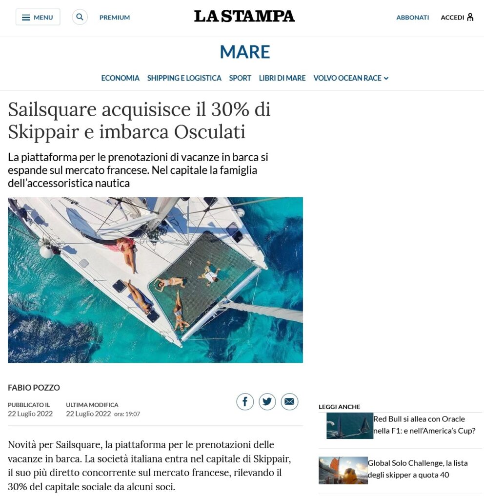 Sailsquare acquisisce il 30% di Skippair e imbarca Osculati (La Stampa)