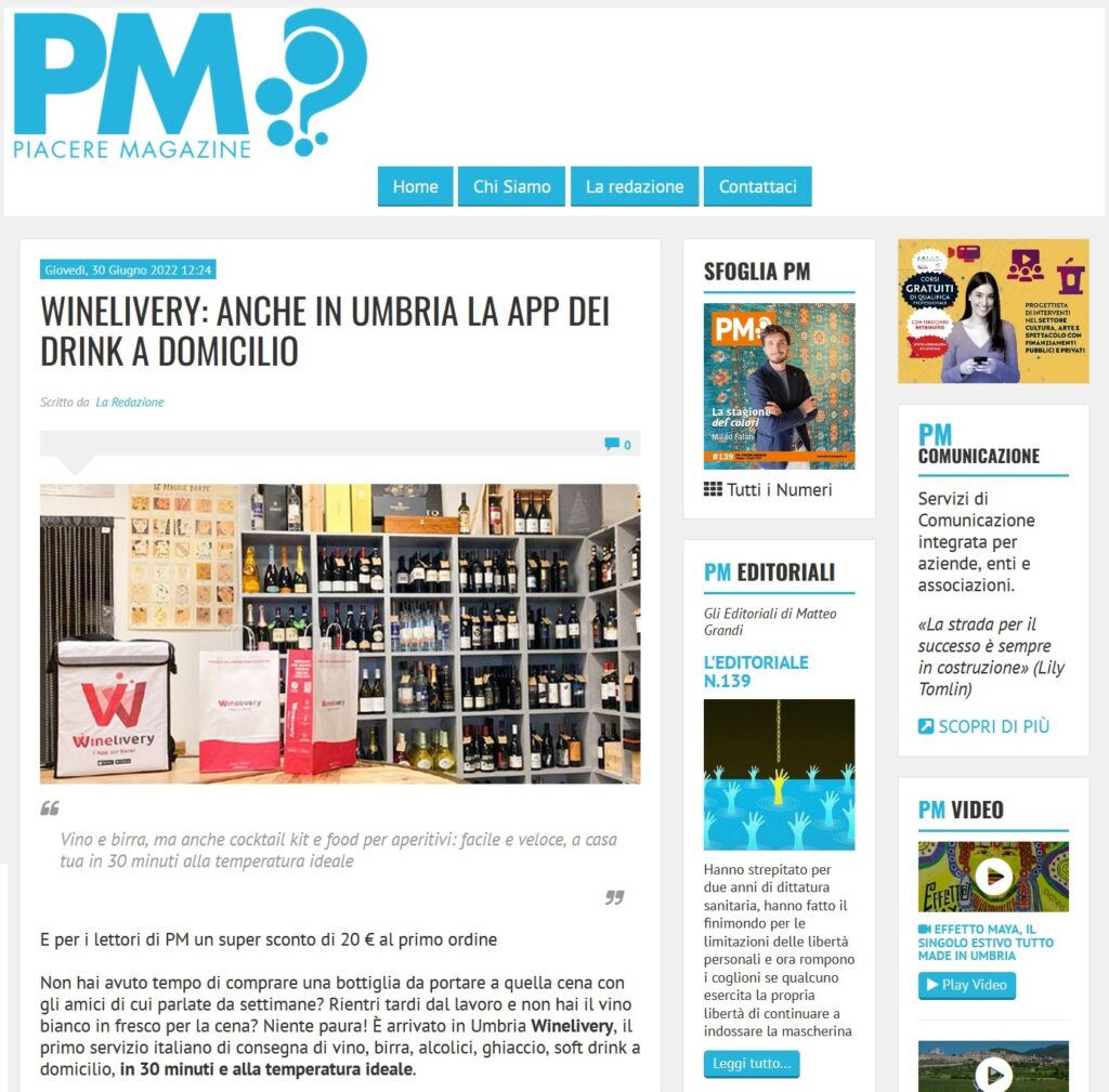 Winelivery: anche in Umbria la app dei drink a domicilio (Piacere Magazine)