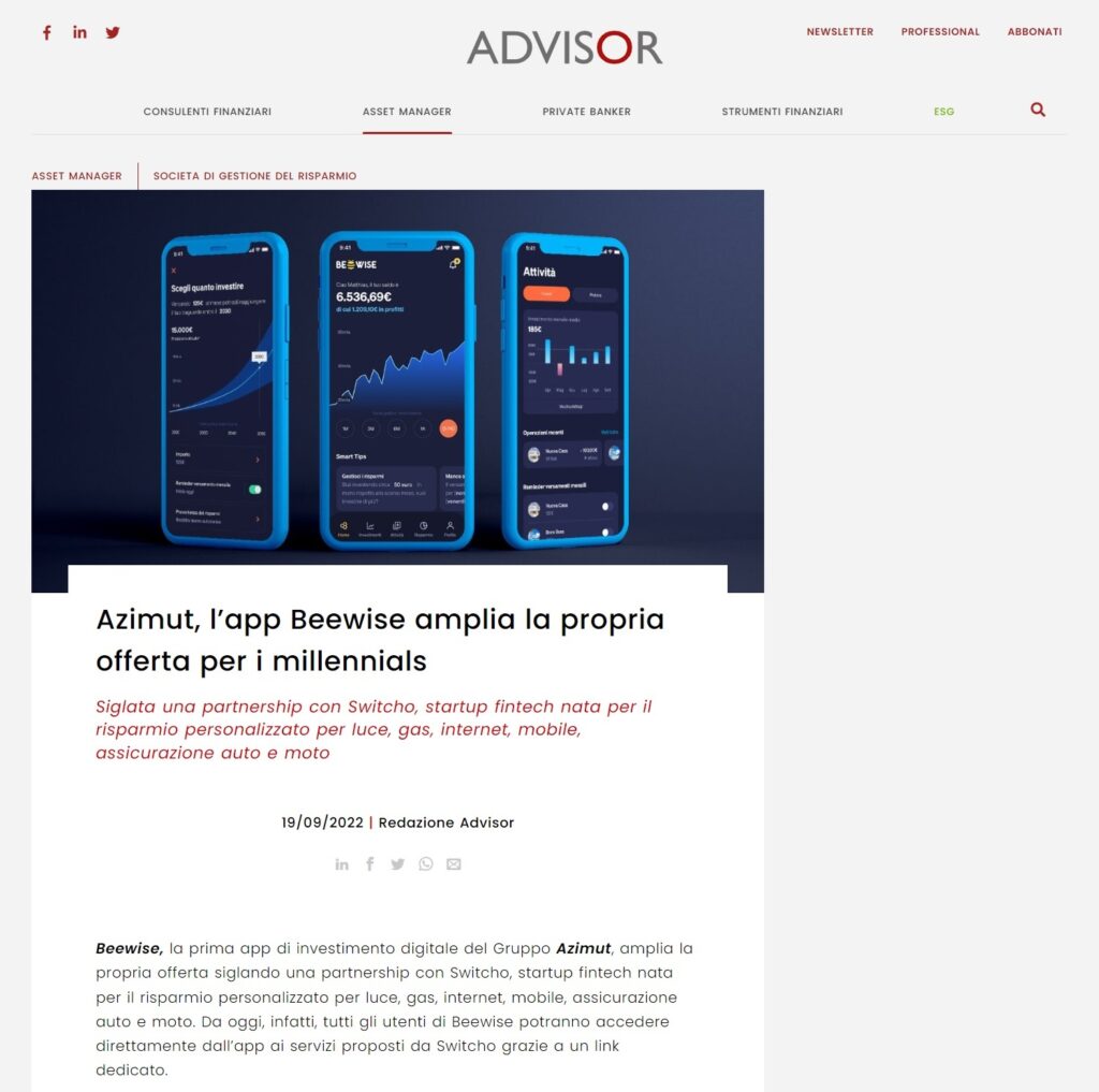 Azimut, l'app Beewise amplia la propria offerta per i millennials con Switcho (Advisor)