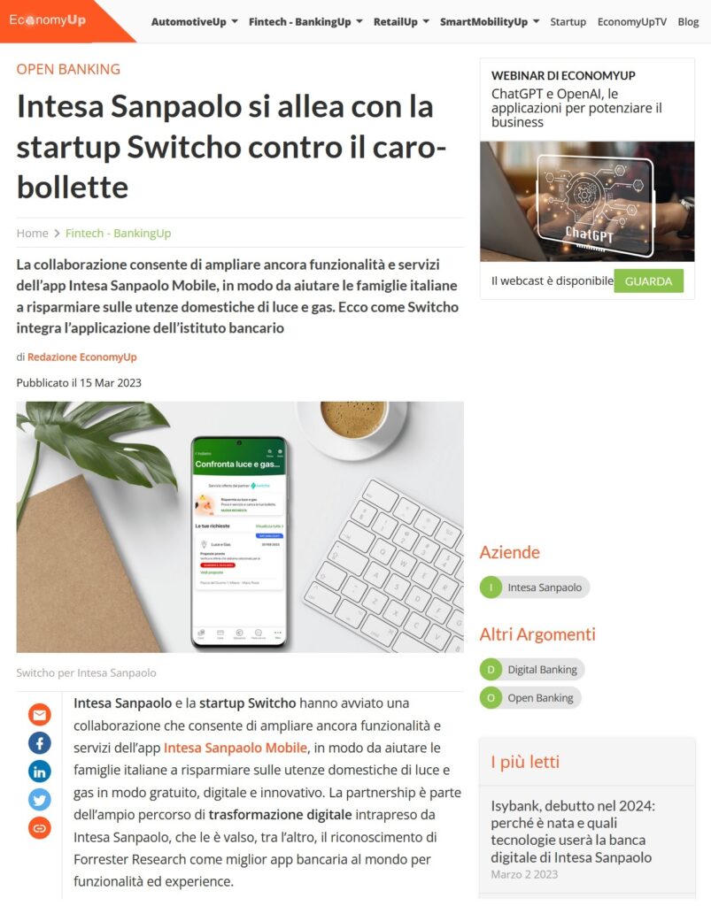 Intesa Sanpaolo si allea con la startup Switcho contro il caro-bollette (EconomyUP)