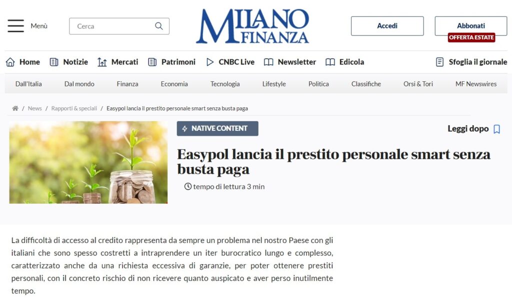 Easypol lancia il prestito personale smart senza busta paga (Milano Finanza)