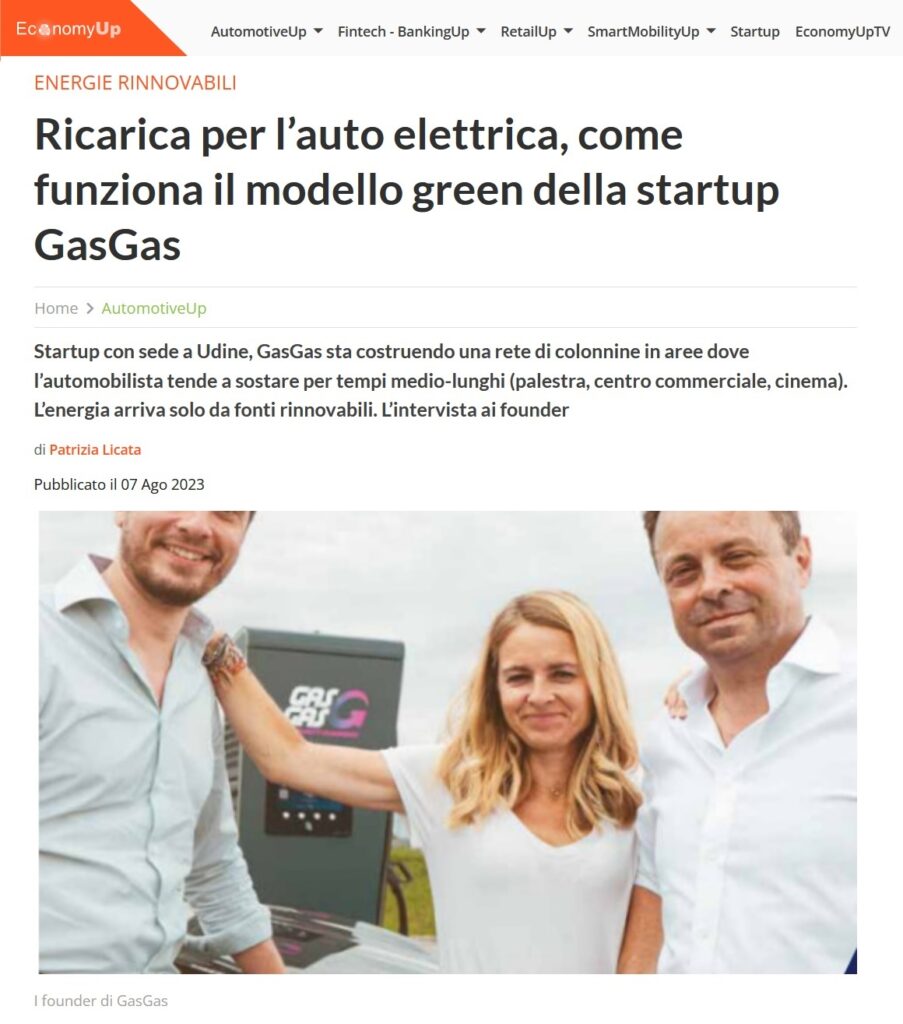 Ricarica per l'auto elettrica, come funziona il modello green della startup GasGas (EconomyUP)