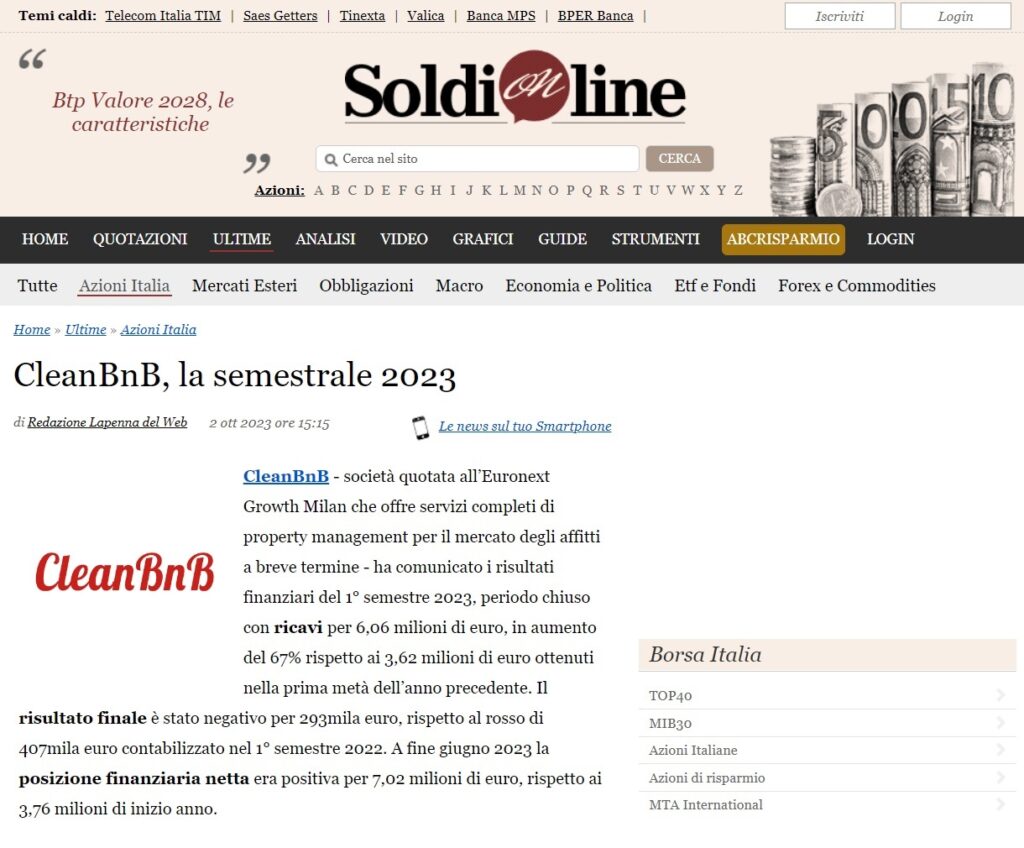 CleanBnB, la semestrale 2023 (SoldiOnline.it)