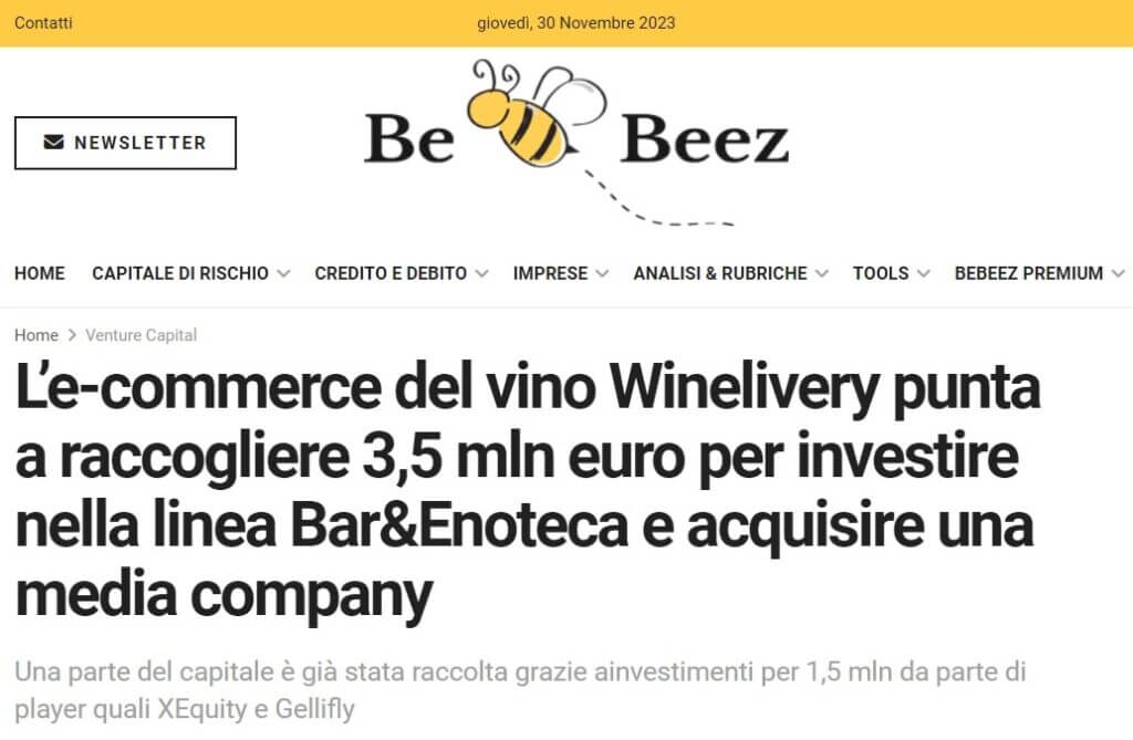 L'e-commerce del vino Winelivery punta a raccogliere 3,5 mln euro per investire nella linea Bar&Enoteca e acquisire una media company (BeBeez)