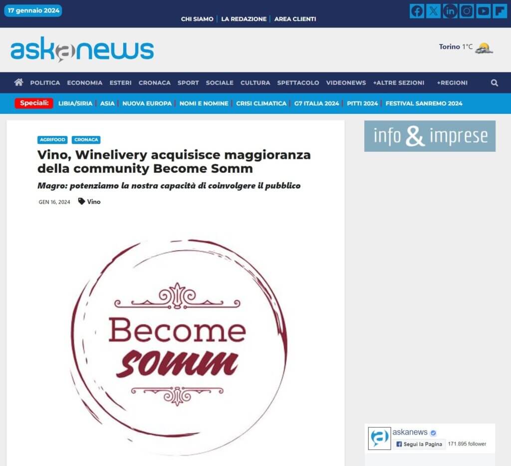 Vino, Winelivery acquisisce maggioranza della community Become Somm (askanews)