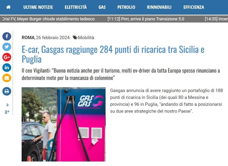 E-car, Gasgas raggiunge 284 punti di ricarica tra Sicilia e Puglia (Quotidiano Energia)