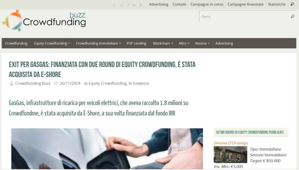 Exit per GasGas: finanziata con due round di equity crowdfunding, è stata acquisita da E-Shore (Crowdfunding Buzz)